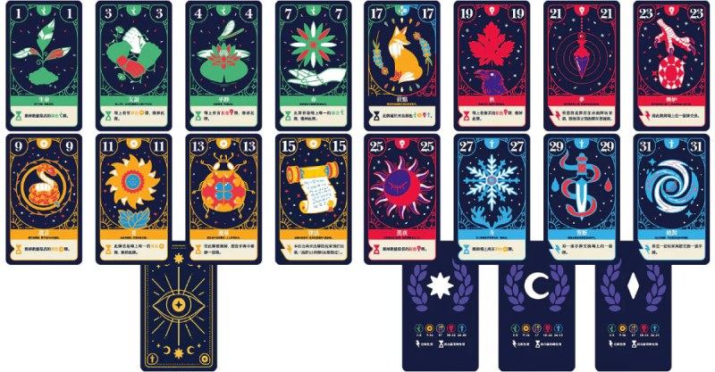 奥秘小队游戏盒内包含35张奥秘牌Arcane,7张辅助提示牌,6张牌殊绝对牌L'Absolu